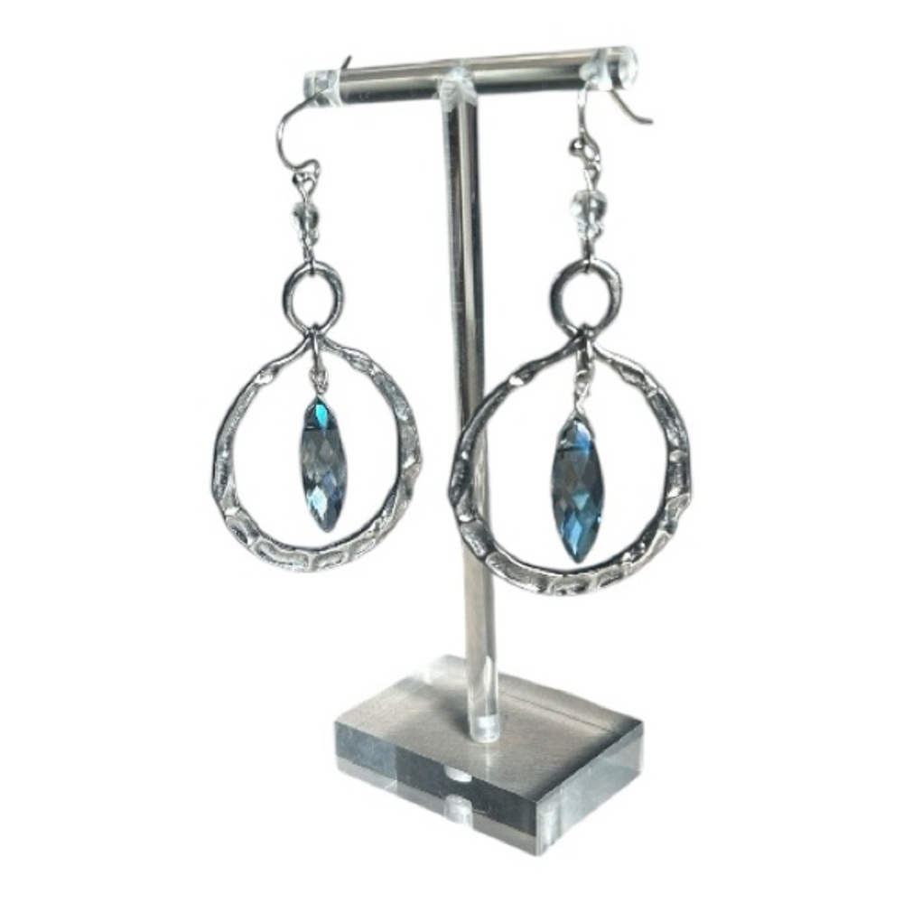 Hammered Silver & Blue Gray Wrapped Moonstone Dangle Earrings Retro Ethnic Style